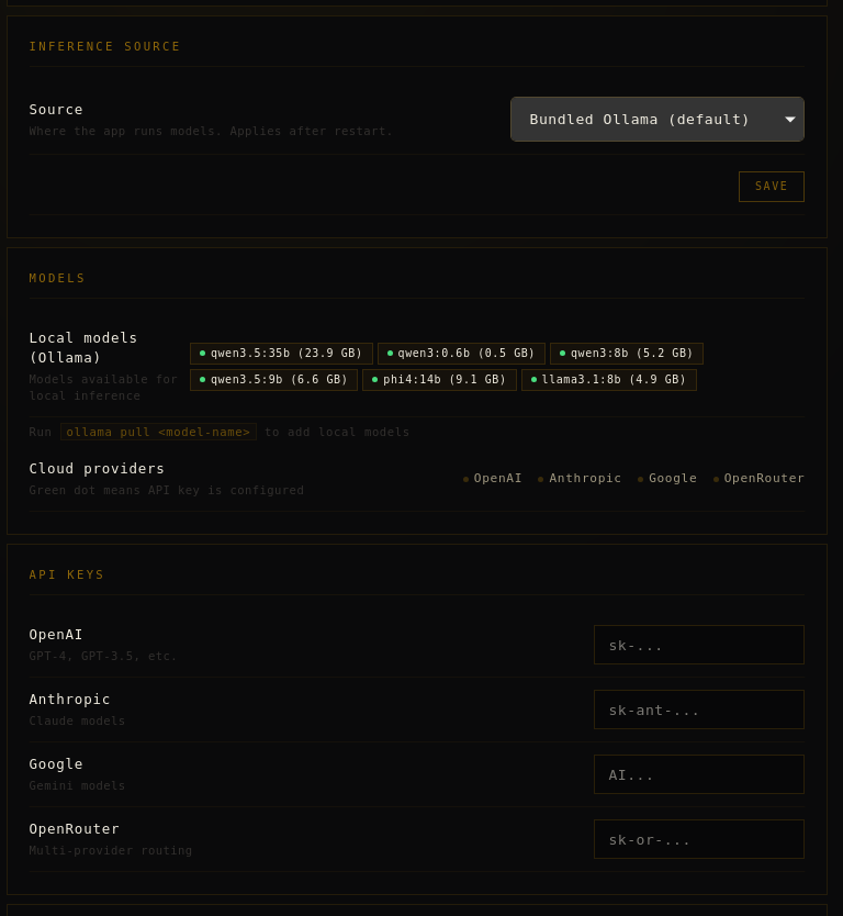 Local model roster and cloud provider status