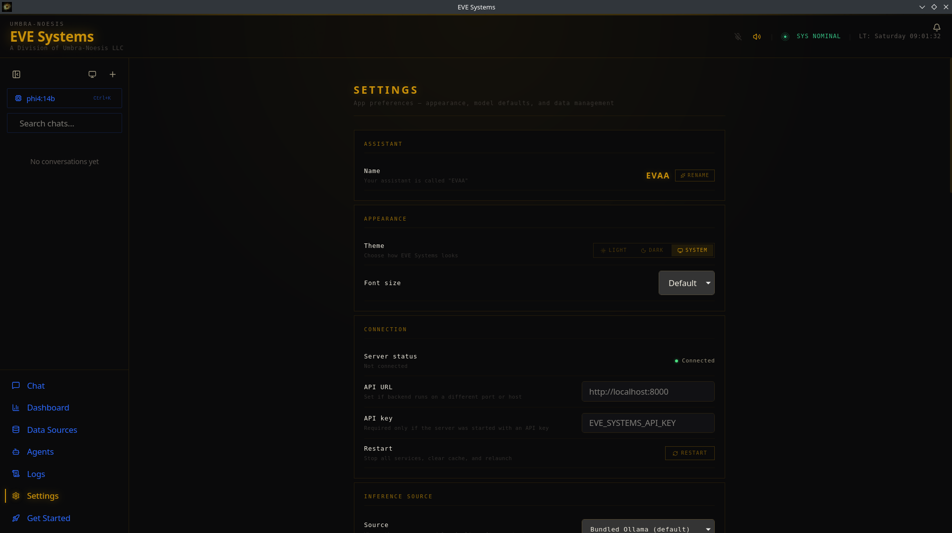 Settings — assistant, appearance, and connection