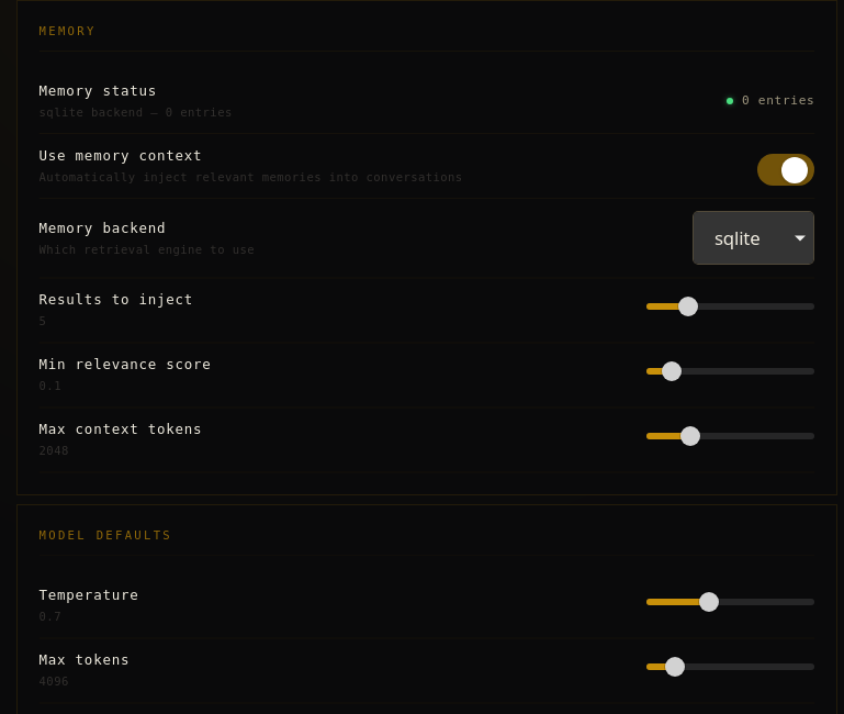 Memory and model tuning controls