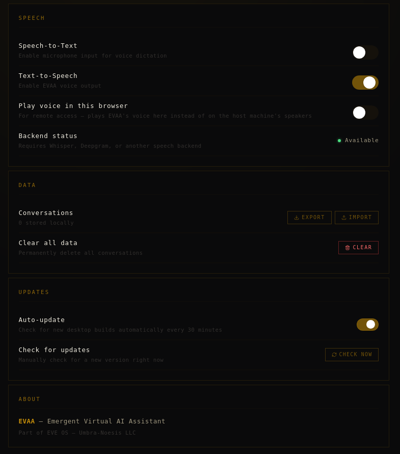 Speech, data, and update settings